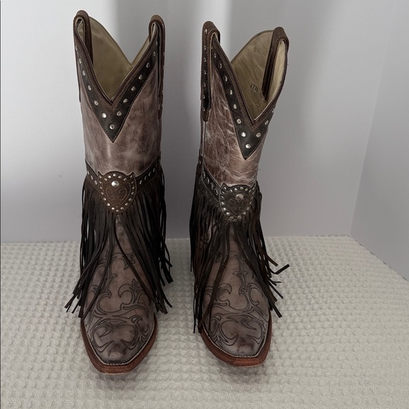 WOMENS J.B. Dillon leather fringe brown cowboy boots SZ 9 - Picture 2 of 8